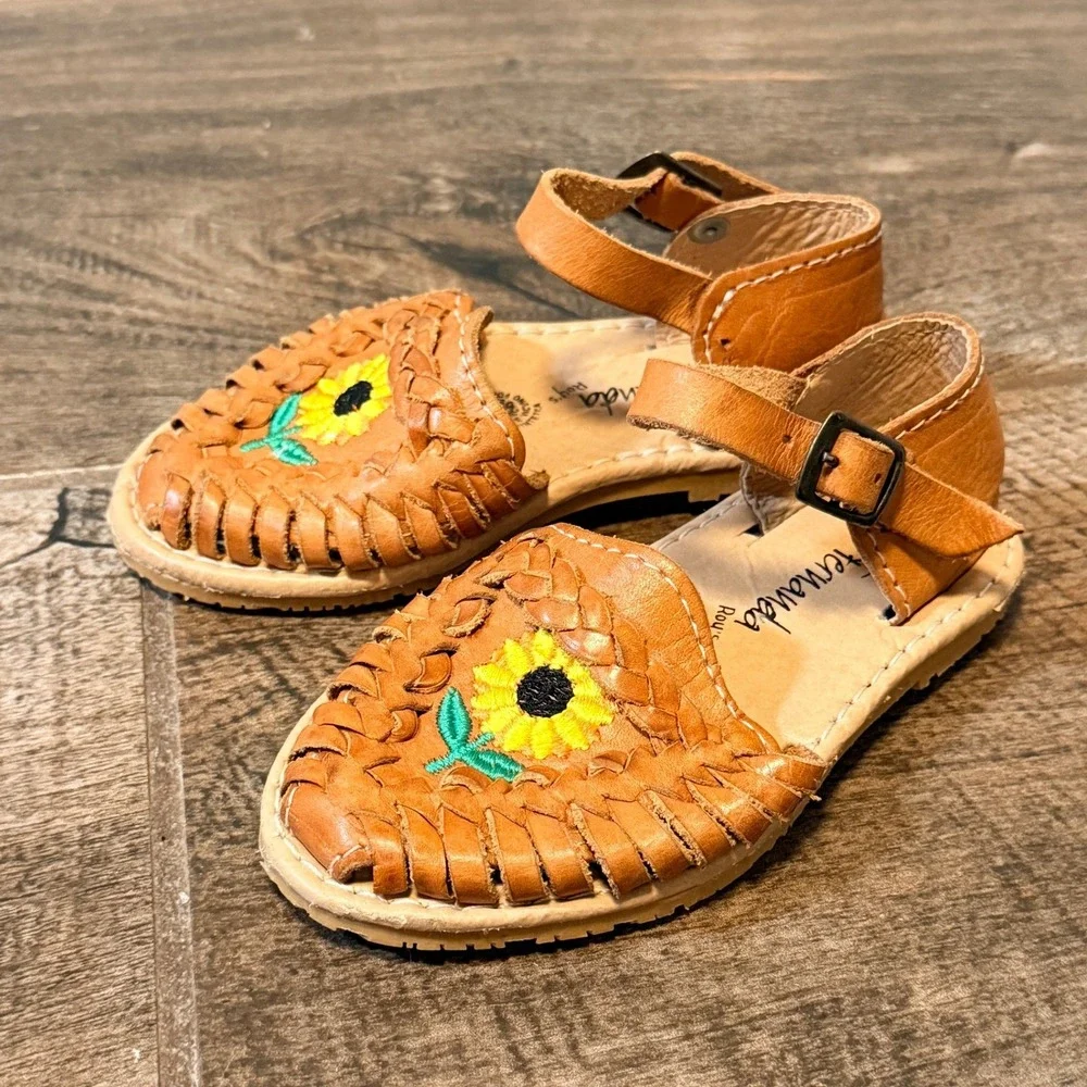 Fernanda Roy's Toddler Embroidered Sunflower Leather Huarache Sandals,Tan, 8.5/9